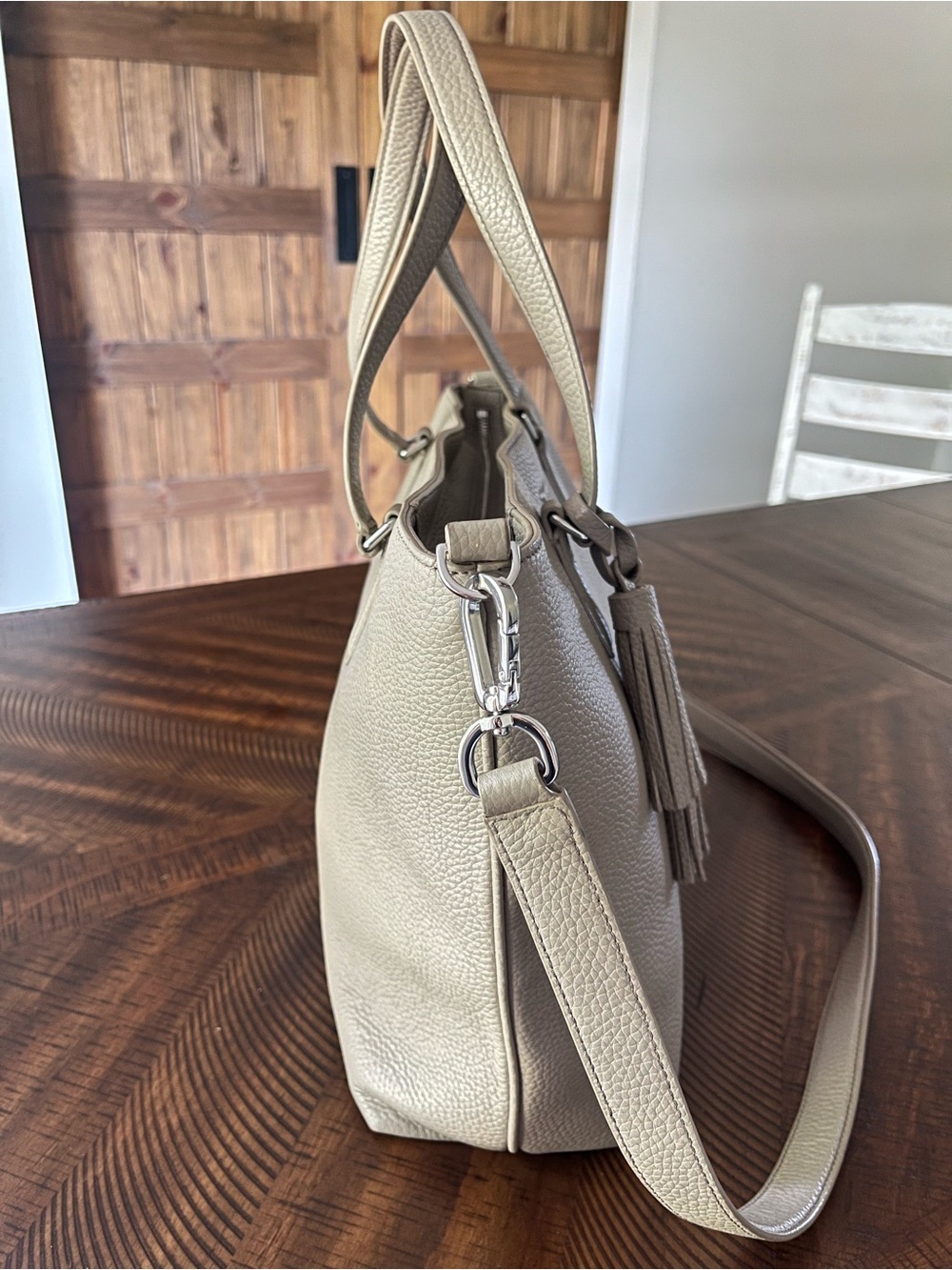 Tory Burch Thea Tote Pebble Leather Hobo Bag Taupe French Grey Tan Large - Picture 8 of 16